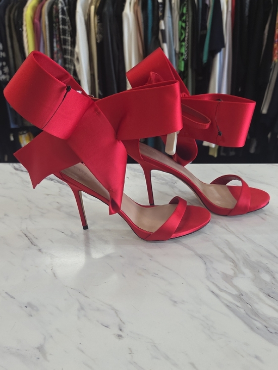 Red Satin Bow Ankle-Strap Stiletto Heels